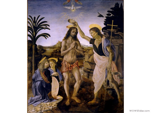 01　1472～1475年 ヴェロッキオ－キリストの洗礼（左下の天使をダ・ヴィンチが担当）(ウフィツィ)